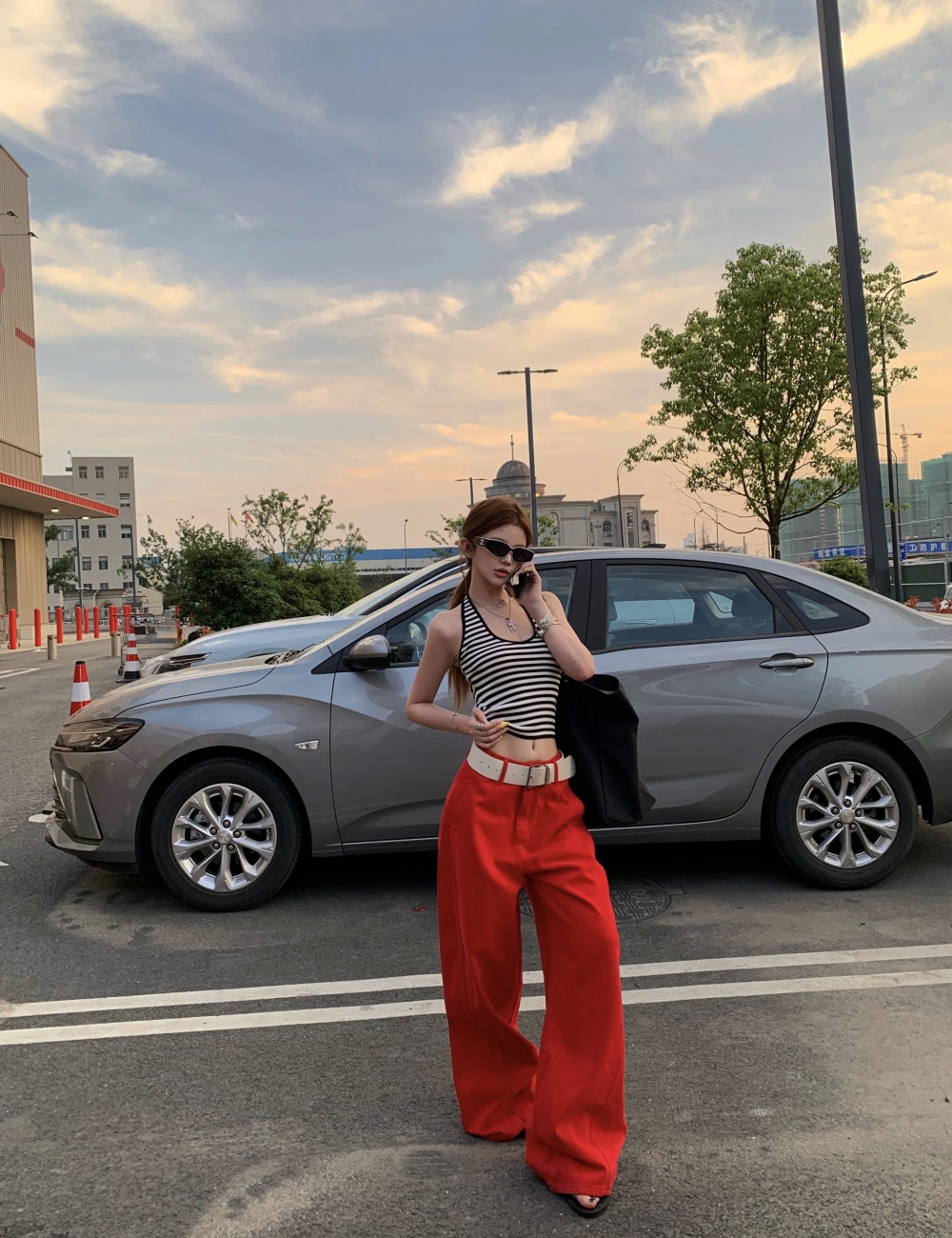 Spicegirl halter U-neck jeans red stripe pants a set for women