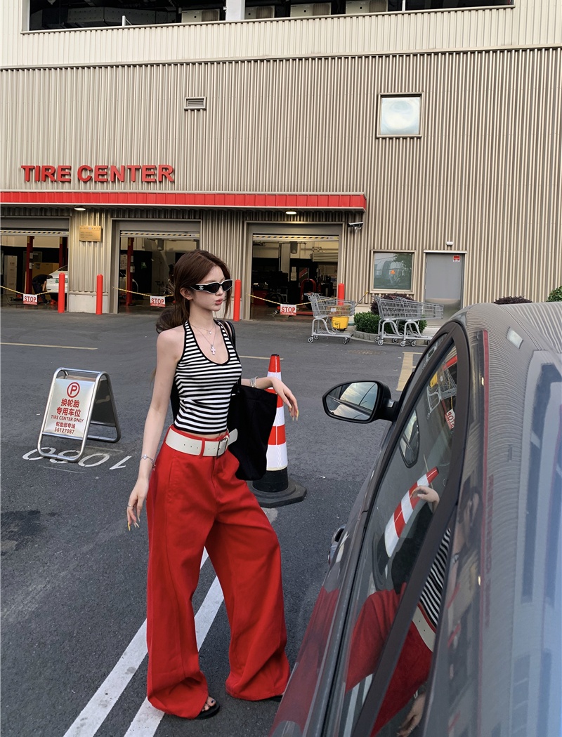 Spicegirl halter U-neck jeans red stripe pants a set for women