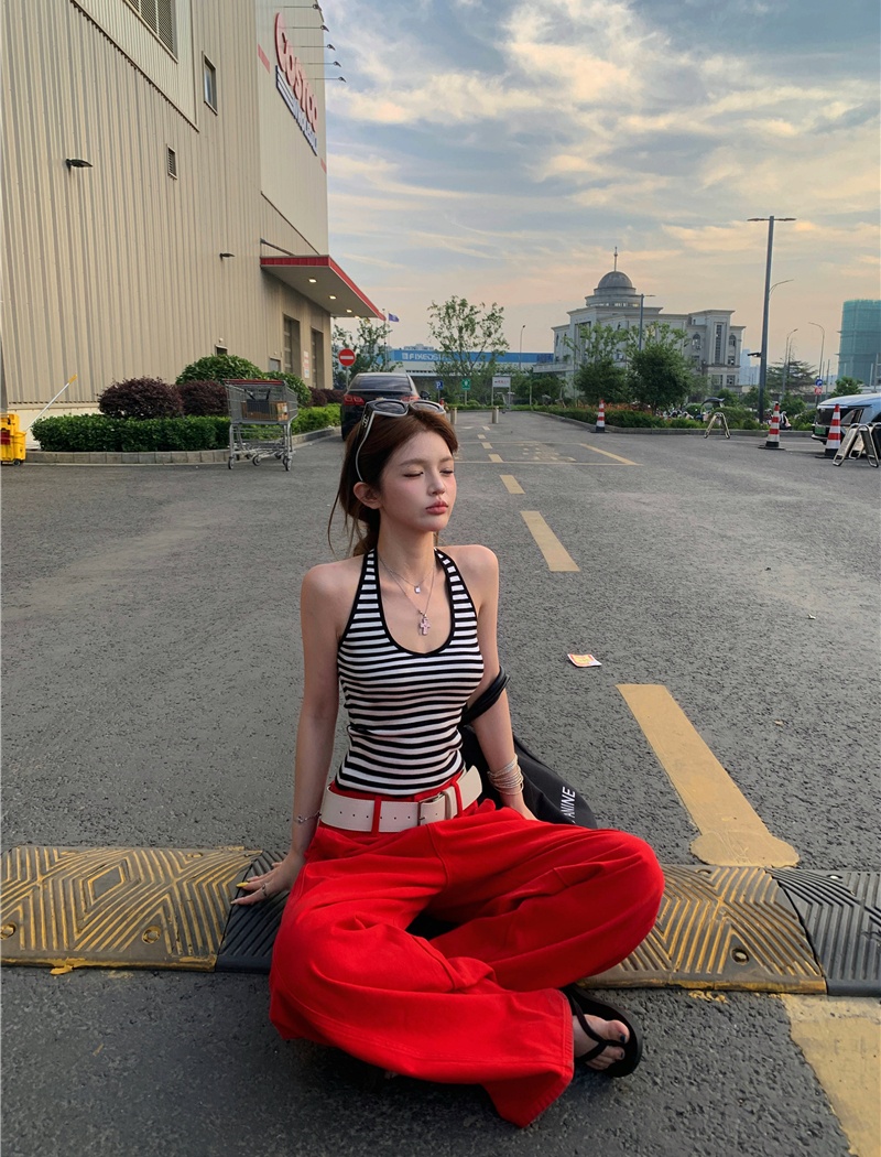 Spicegirl halter U-neck jeans red stripe pants a set for women