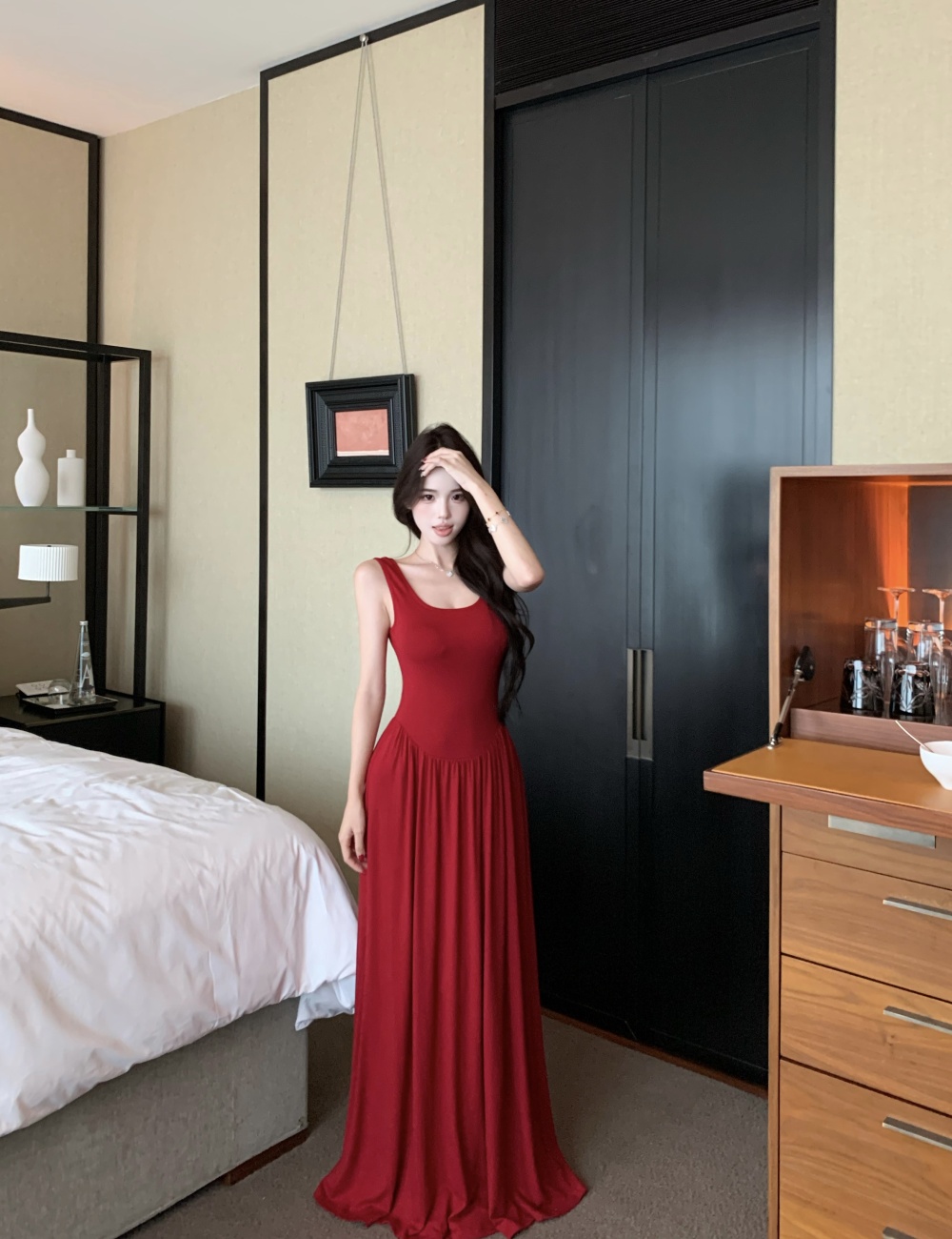 Summer slim long dress temperament pinched waist dress