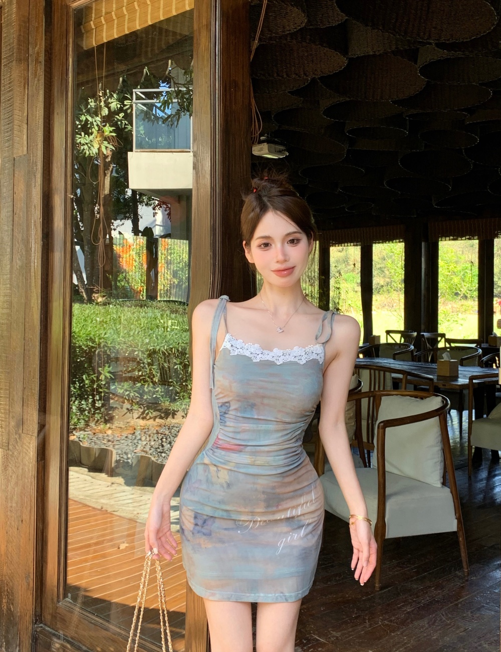 Temperament printing dress slim short strap dress