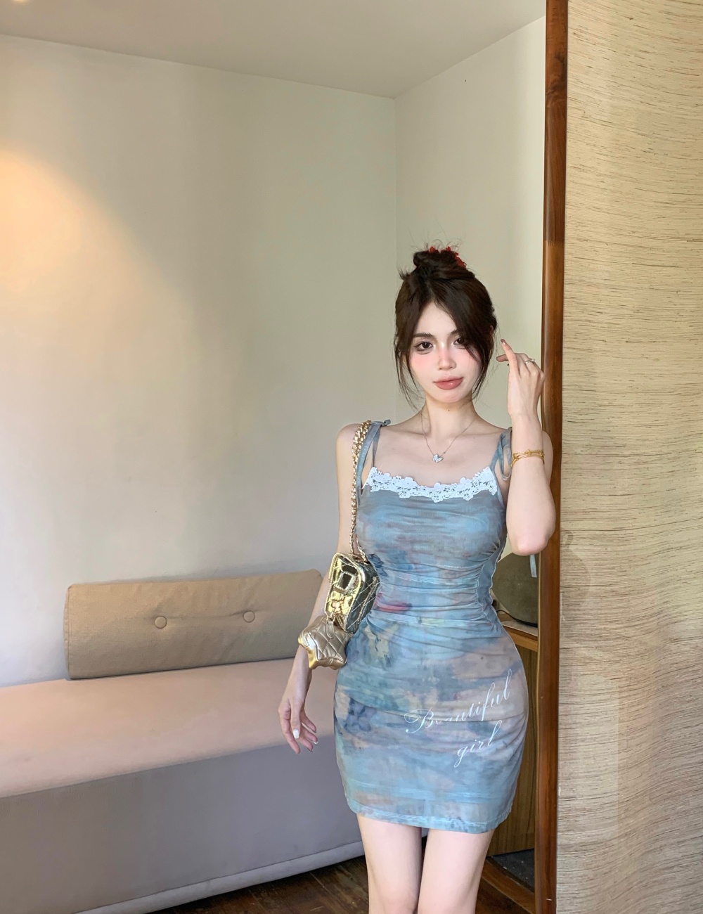 Temperament printing dress slim short strap dress