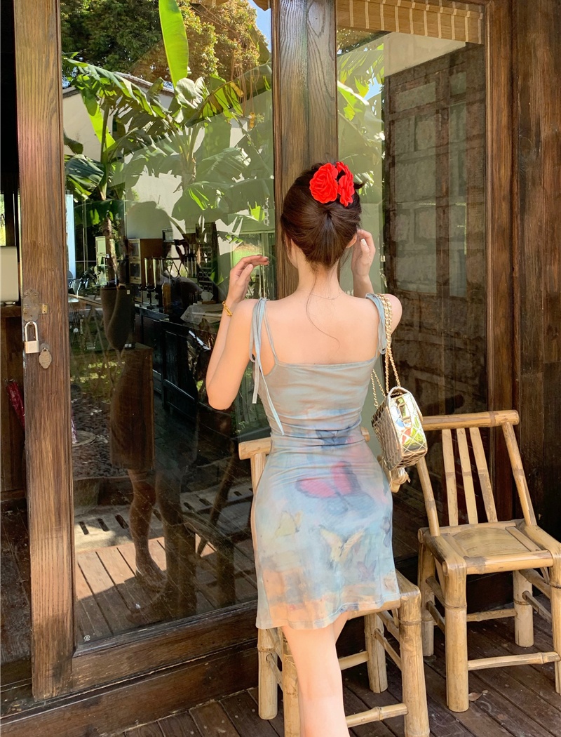 Temperament printing dress slim short strap dress