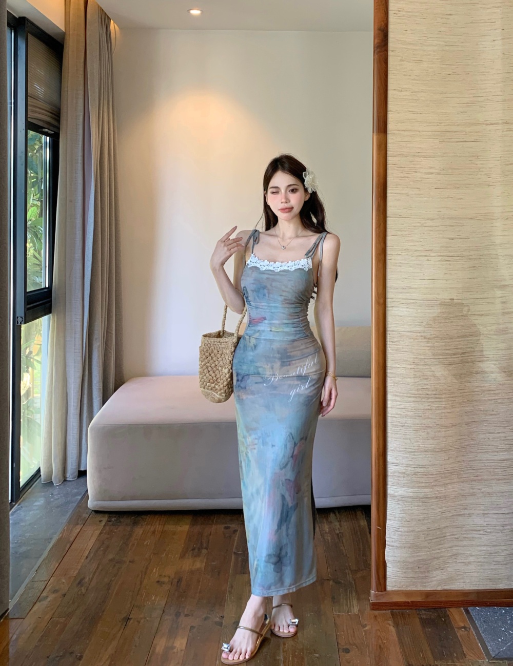 Vacation printing long dress slim painting strap dress
