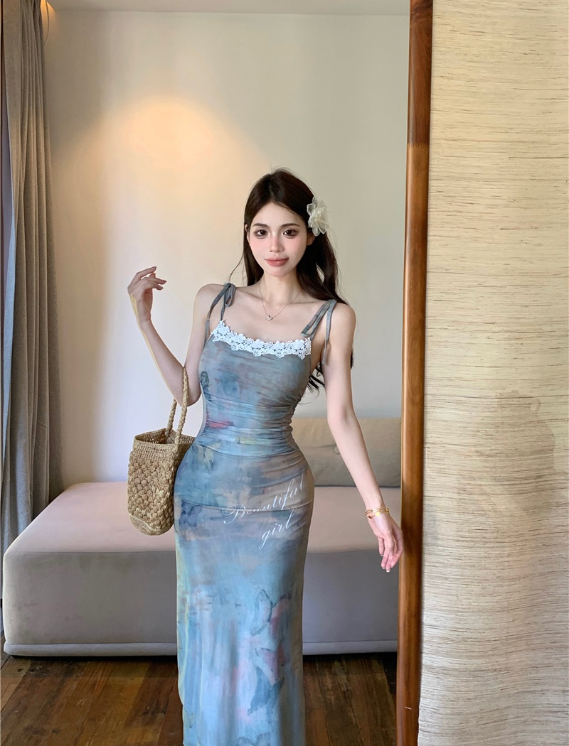 Vacation printing long dress slim painting strap dress