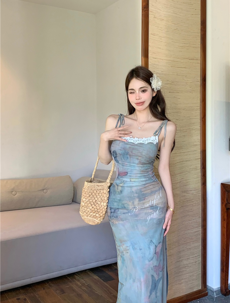 Vacation printing long dress slim painting strap dress