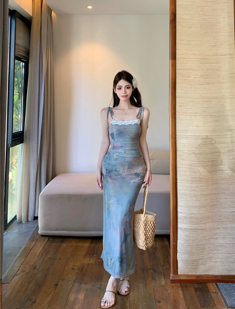 Vacation printing long dress slim painting strap dress