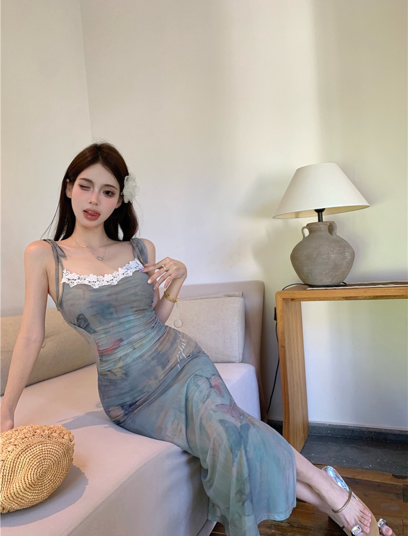 Vacation printing long dress slim painting strap dress