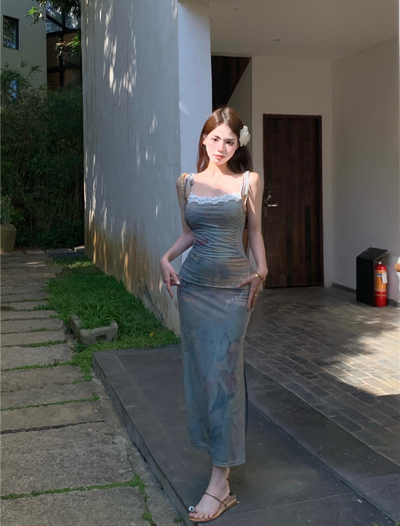 Vacation printing long dress slim painting strap dress