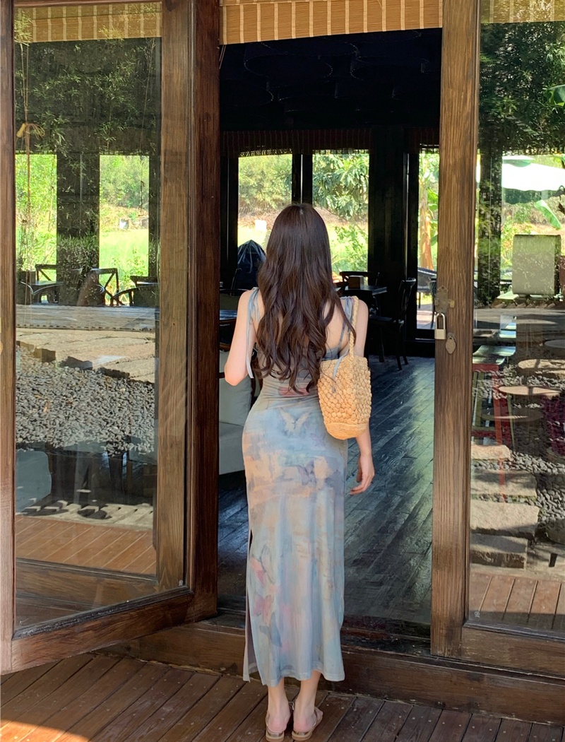Vacation printing long dress slim painting strap dress