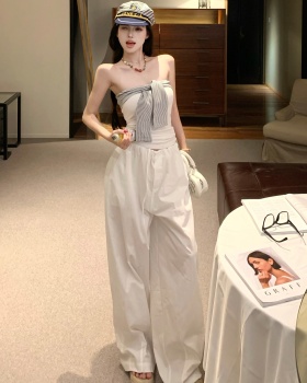 Retro tops splice casual pants 2pcs set for women
