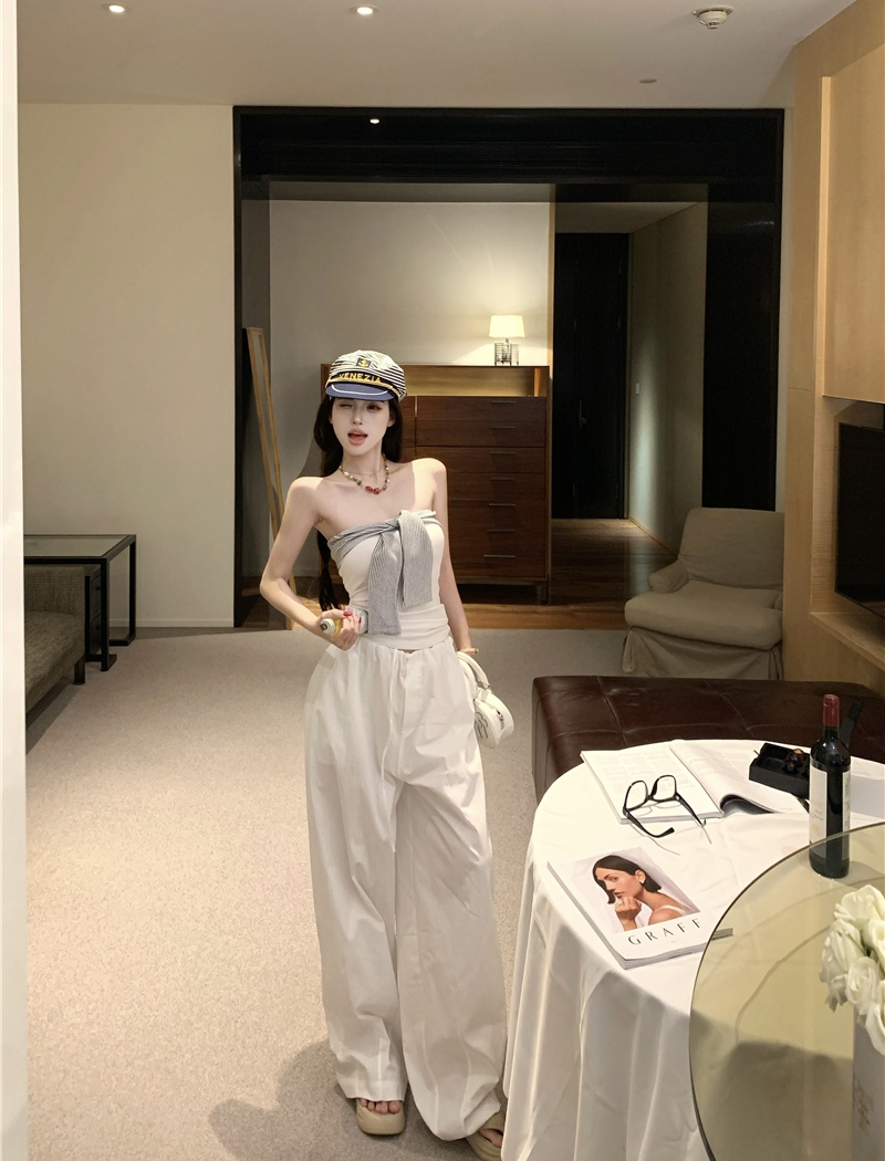 Retro tops splice casual pants 2pcs set for women