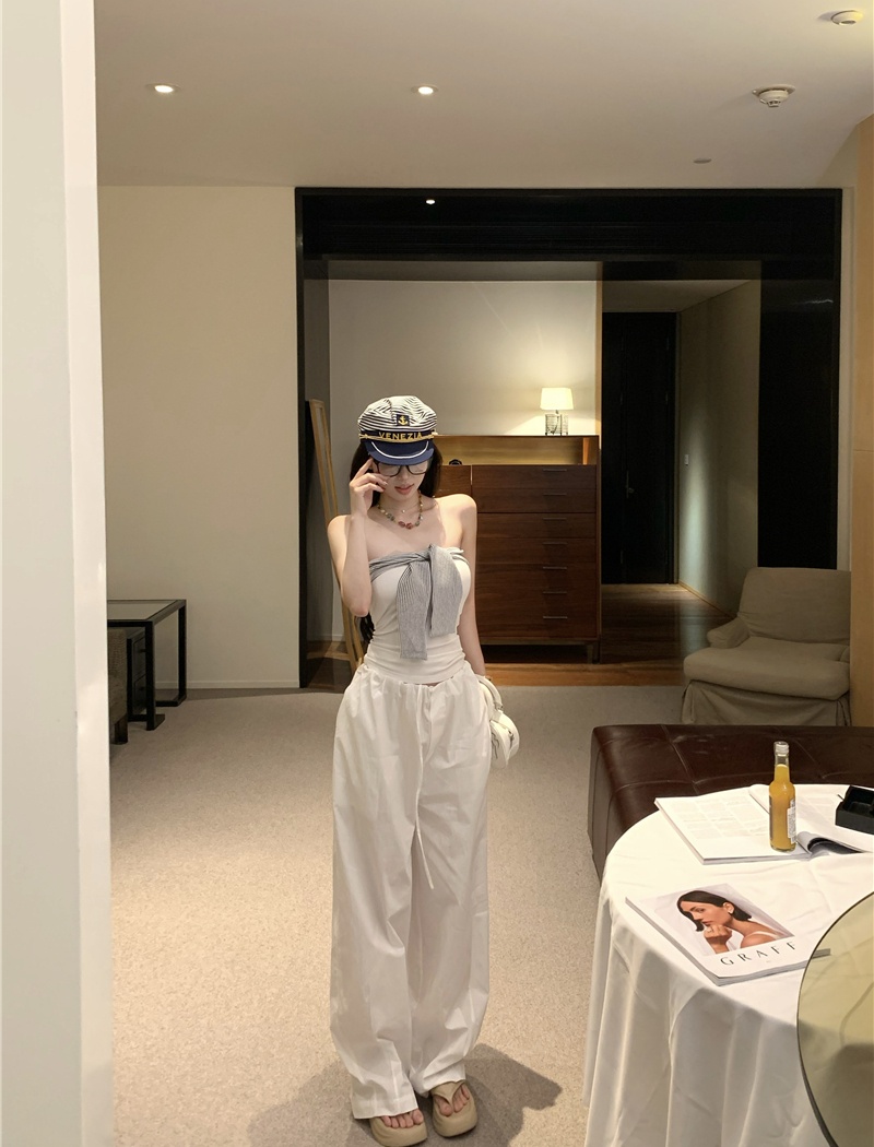 Retro tops splice casual pants 2pcs set for women