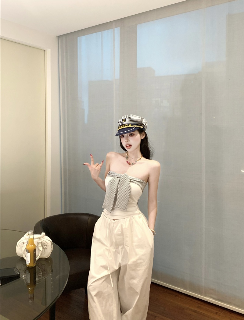 Retro tops splice casual pants 2pcs set for women
