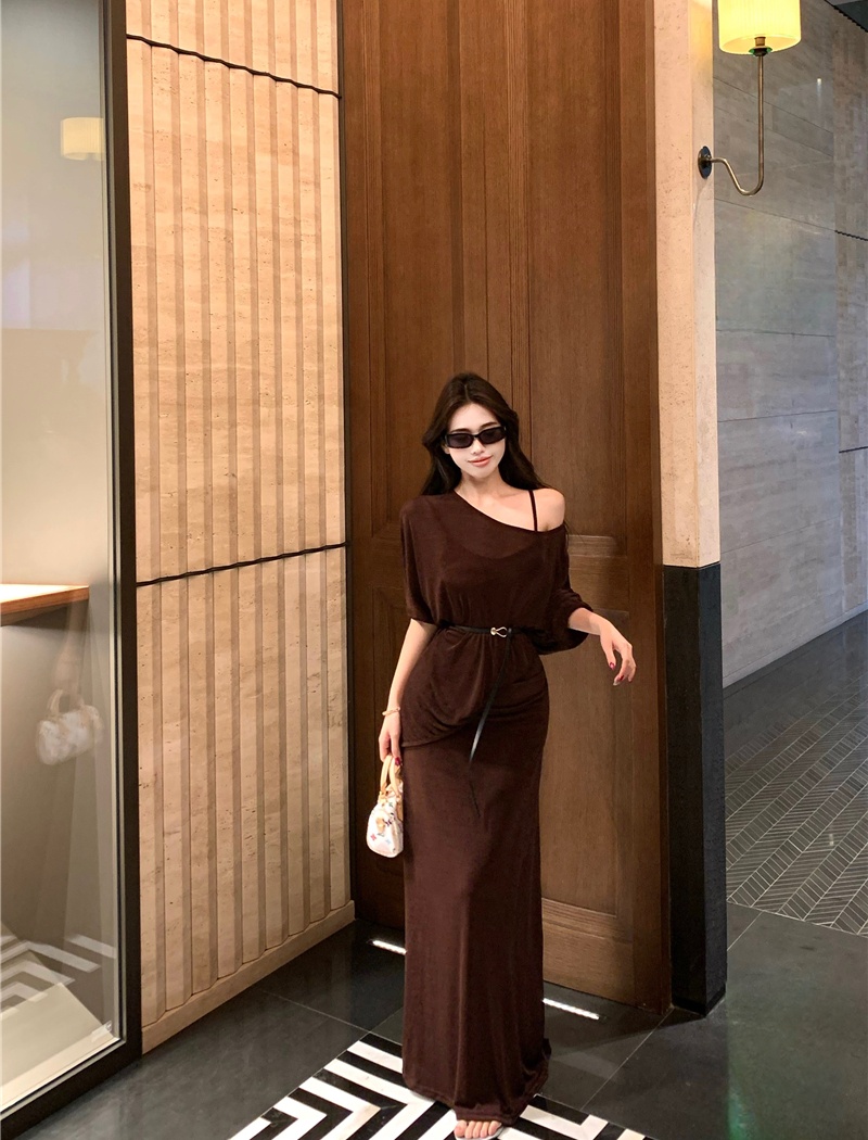Pinched waist smock strapless dress 2pcs set