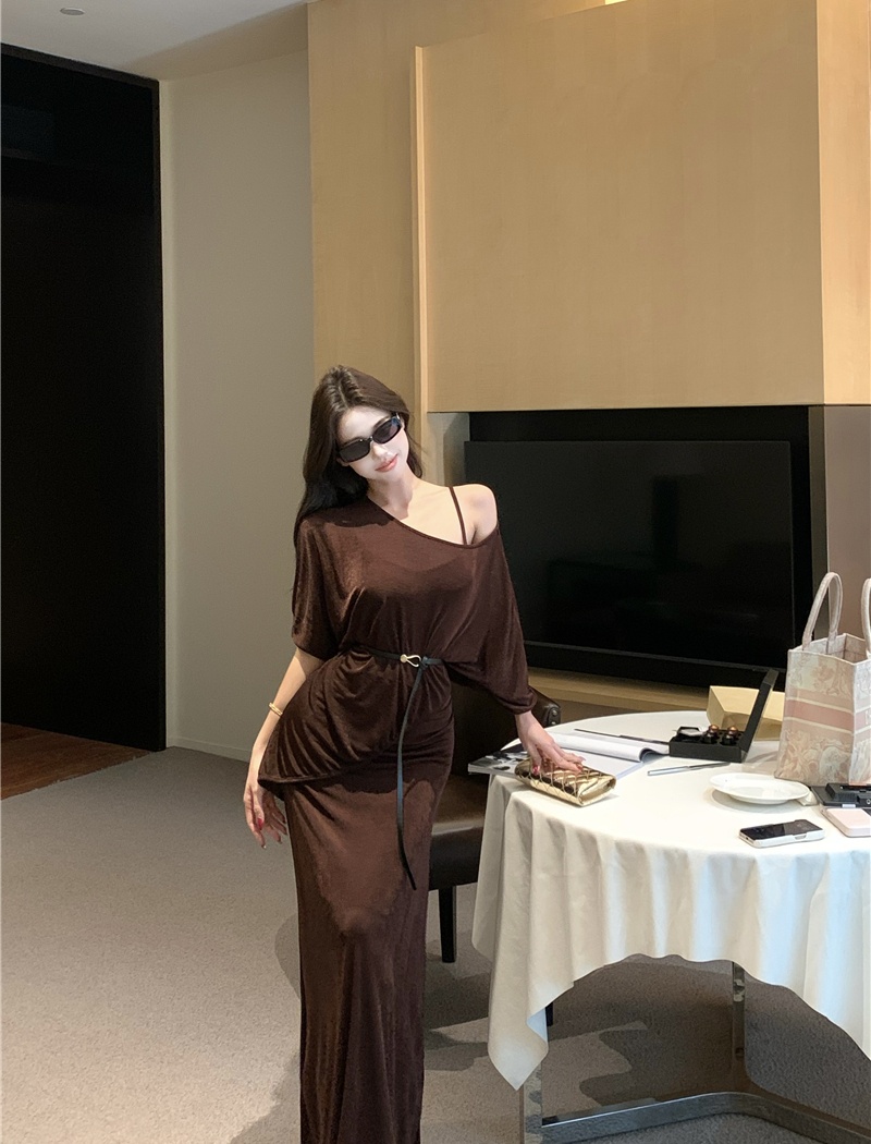 Pinched waist smock strapless dress 2pcs set