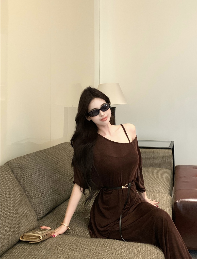 Pinched waist smock strapless dress 2pcs set
