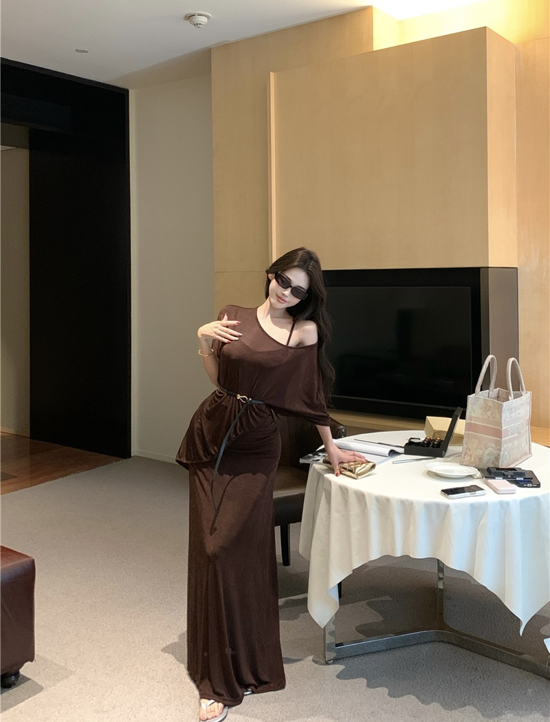 Pinched waist smock strapless dress 2pcs set