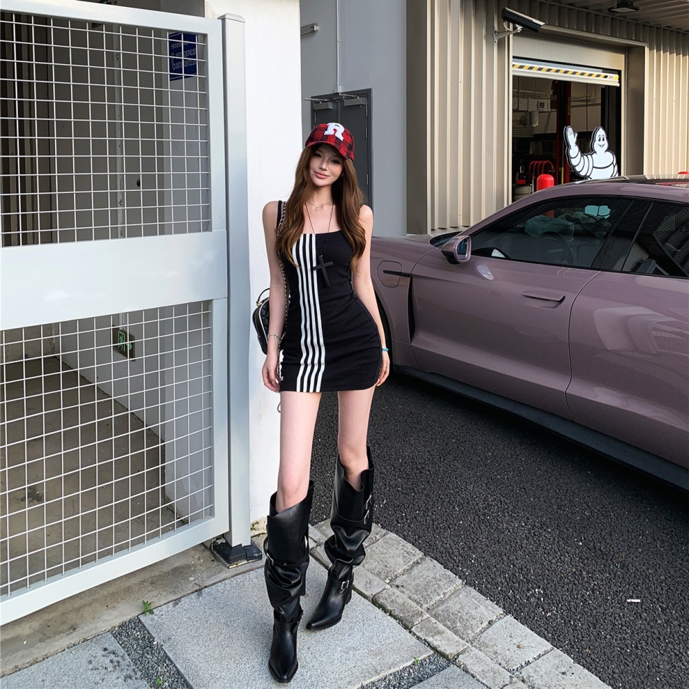 Sports summer spicegirl T-back black stripe dress