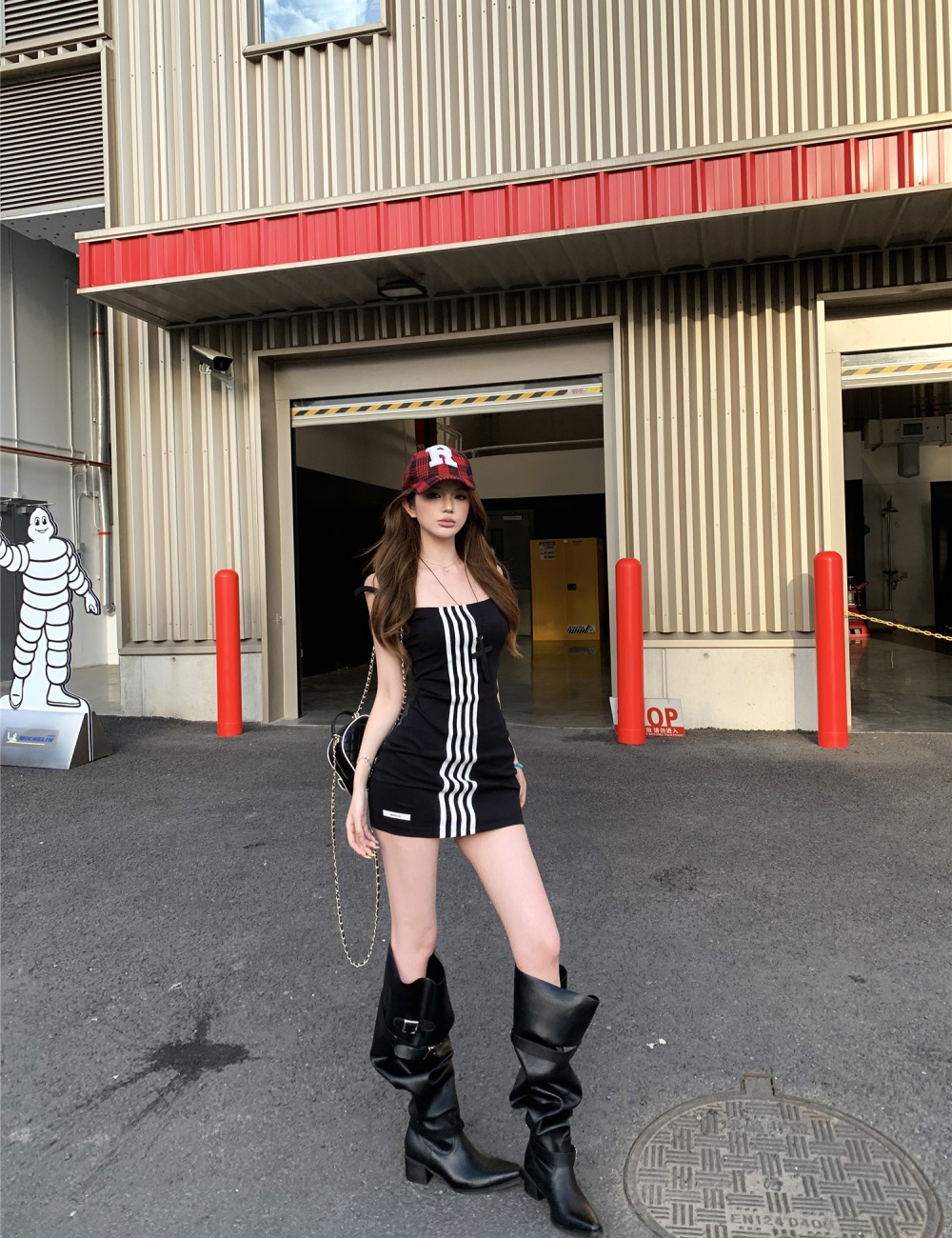 Sports summer spicegirl T-back black stripe dress