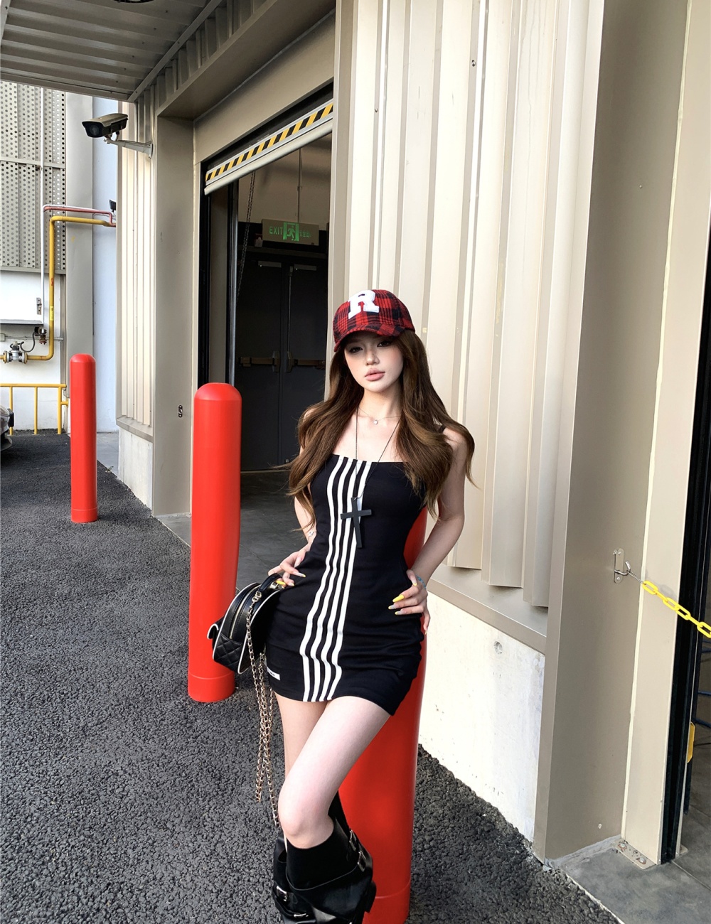 Sports summer spicegirl T-back black stripe dress
