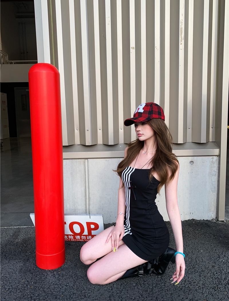 Sports summer spicegirl T-back black stripe dress