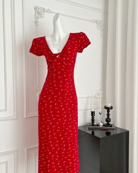 Pinched waist elasticity V-neck floral France style dress