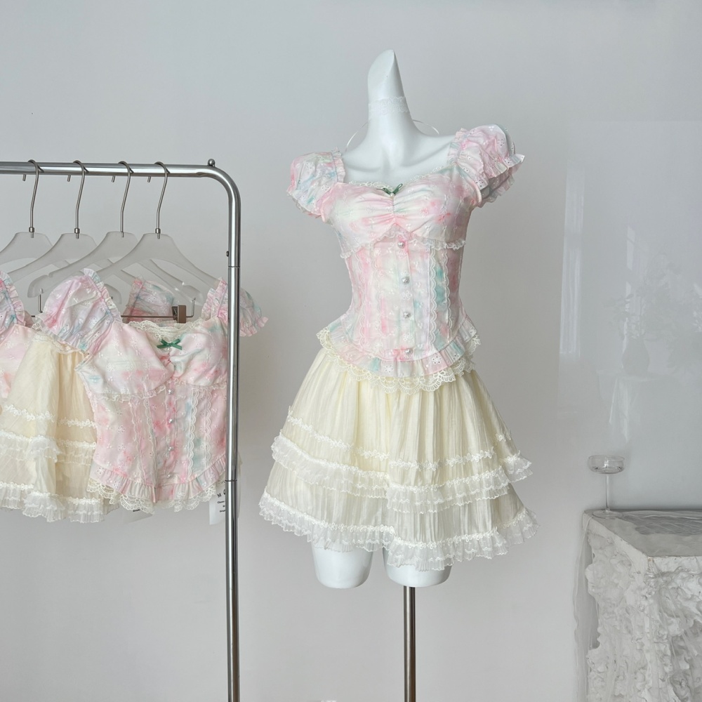 Summer rainbow tie dye short skirt floral sweet tops a set