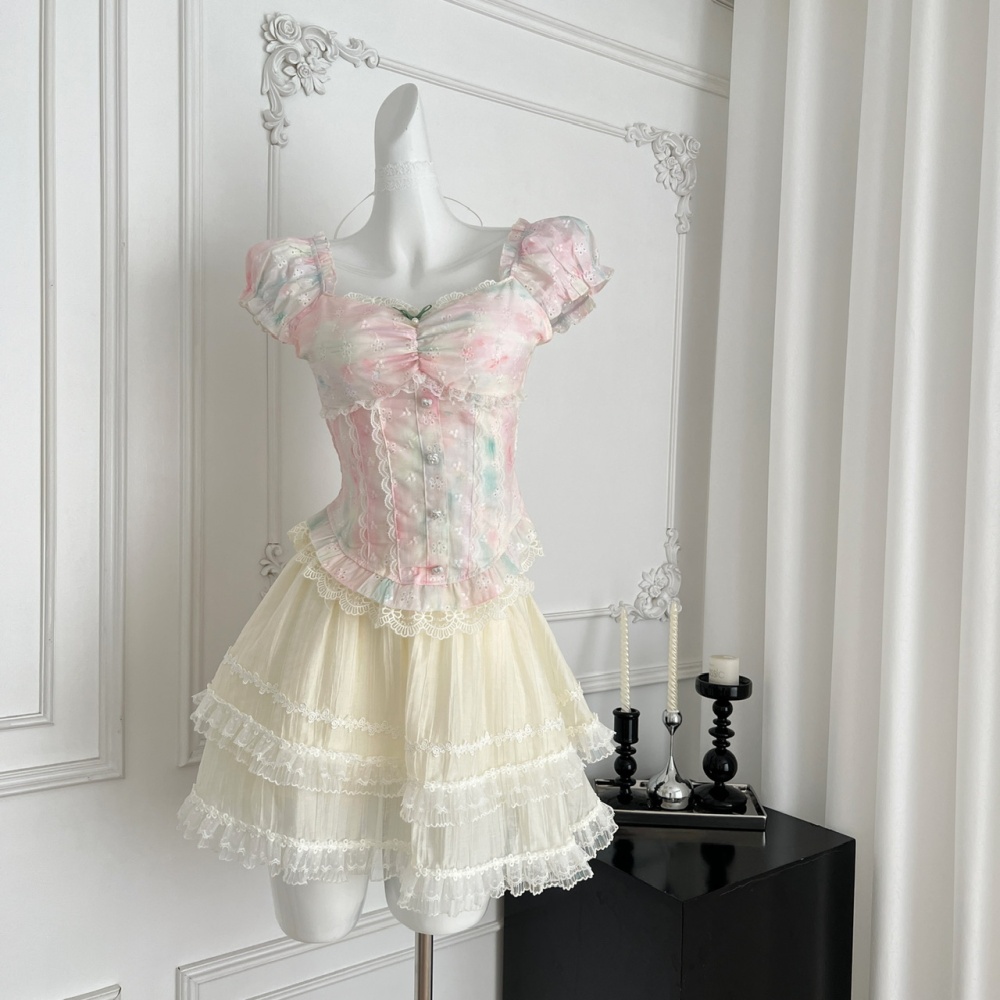 Summer rainbow tie dye short skirt floral sweet tops a set