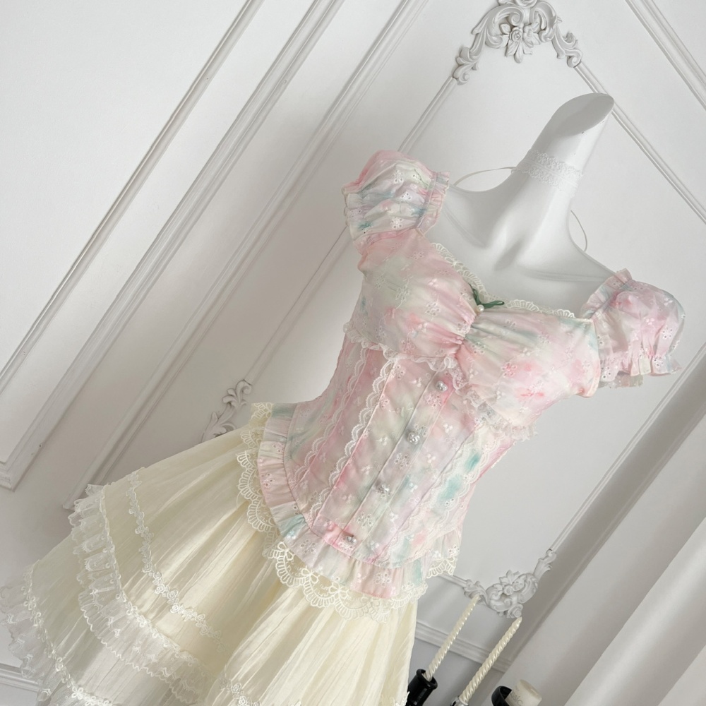 Summer rainbow tie dye short skirt floral sweet tops a set