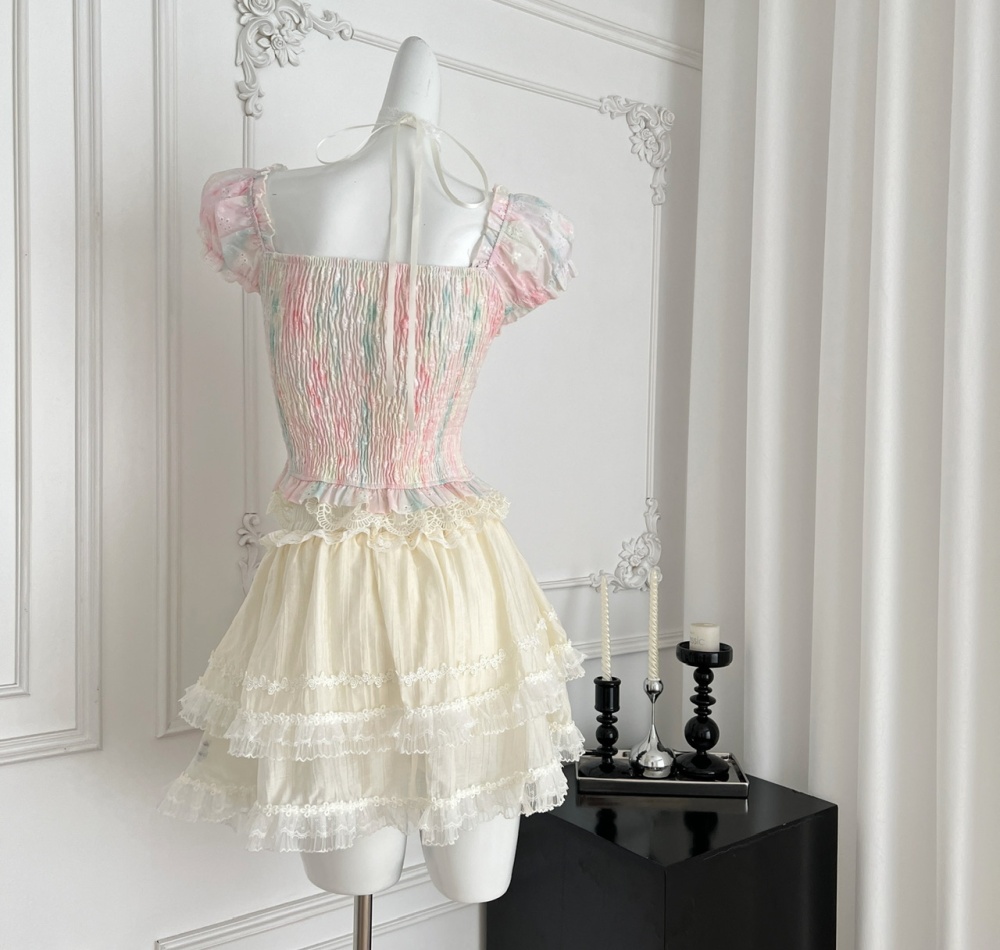 Summer rainbow tie dye short skirt floral sweet tops a set