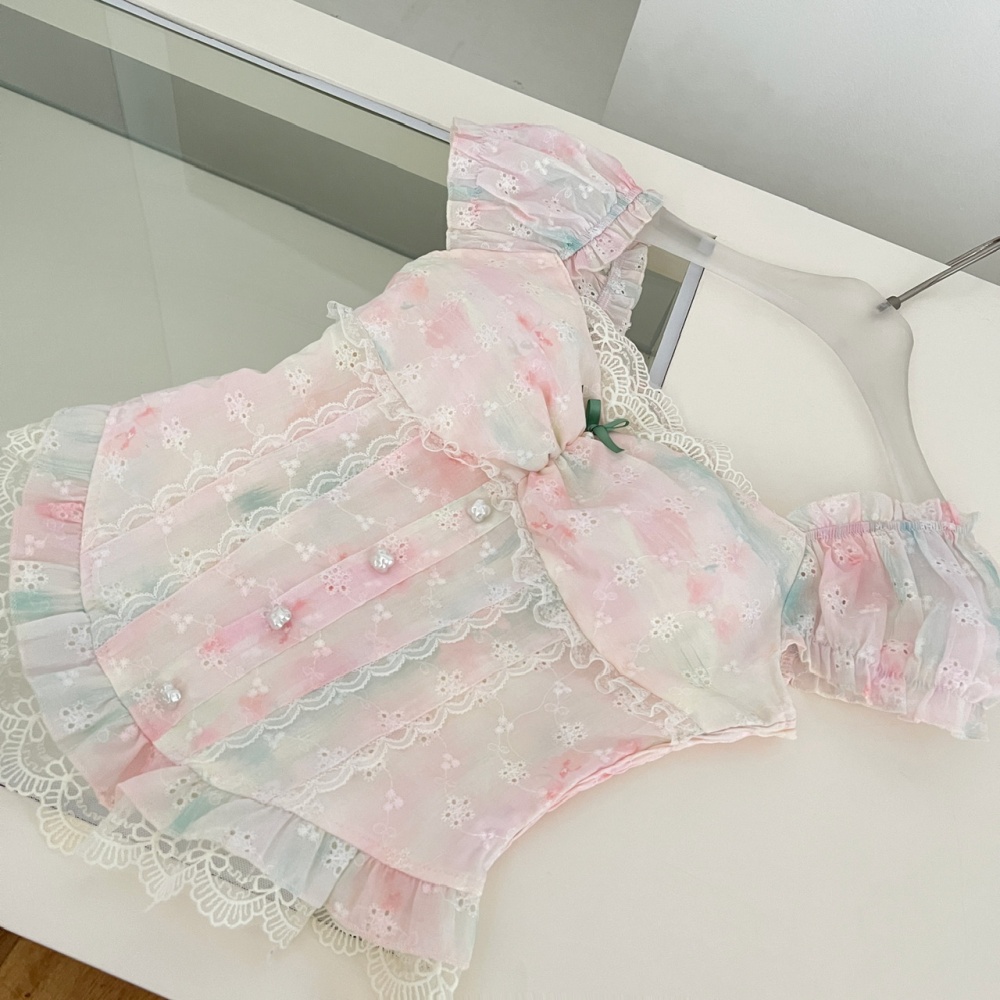 Summer rainbow tie dye short skirt floral sweet tops a set