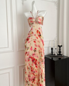 Fold vacation long dress printing halter strap dress