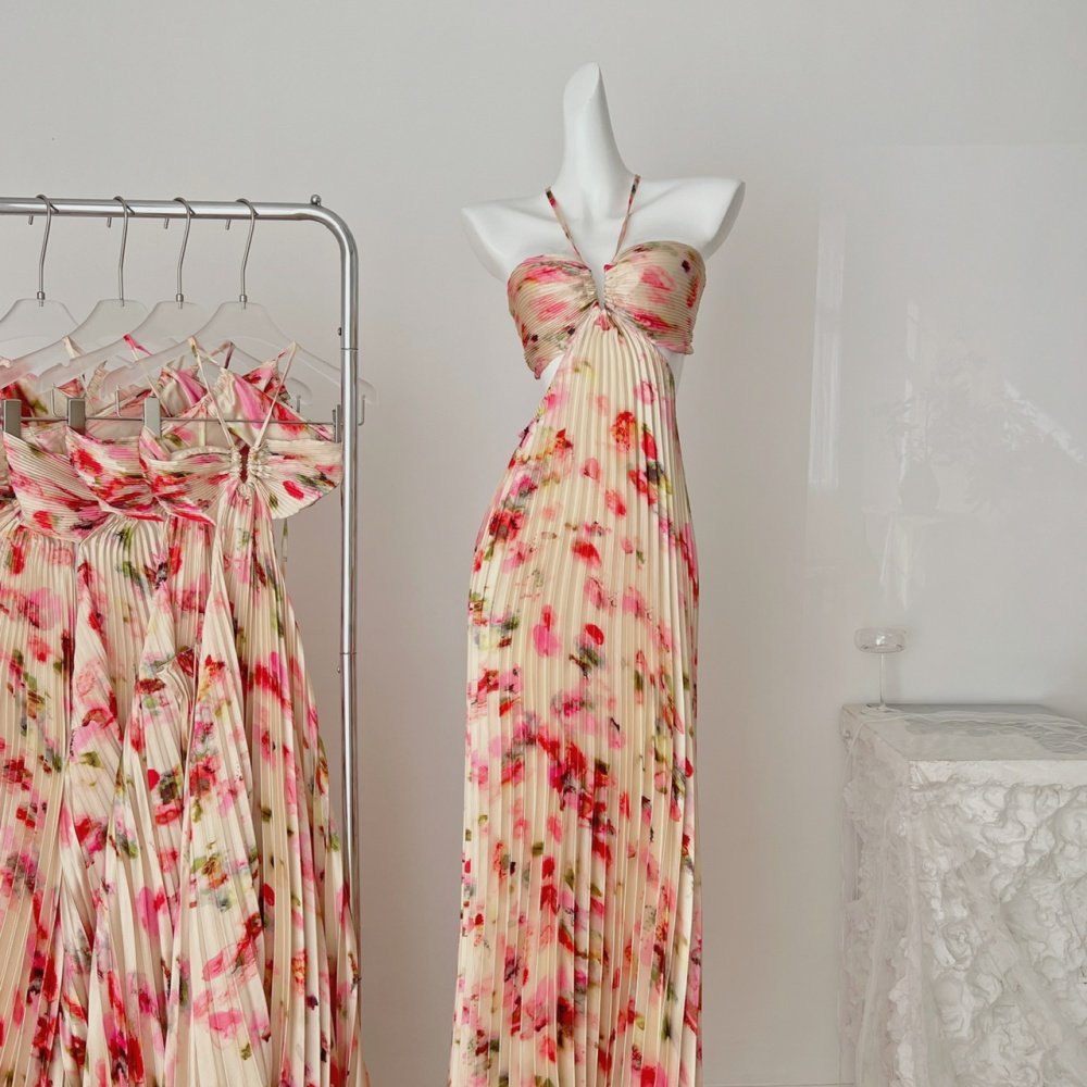 Fold vacation long dress printing halter strap dress