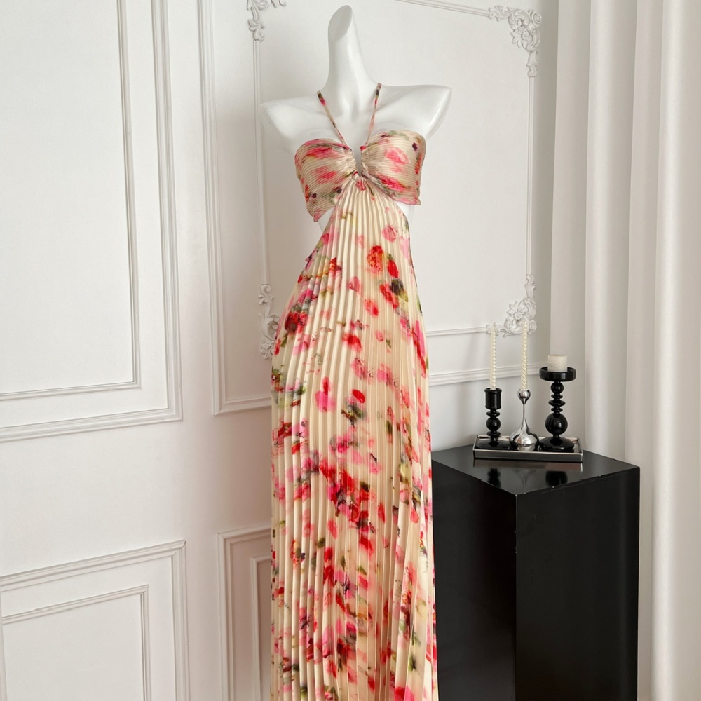 Fold vacation long dress printing halter strap dress