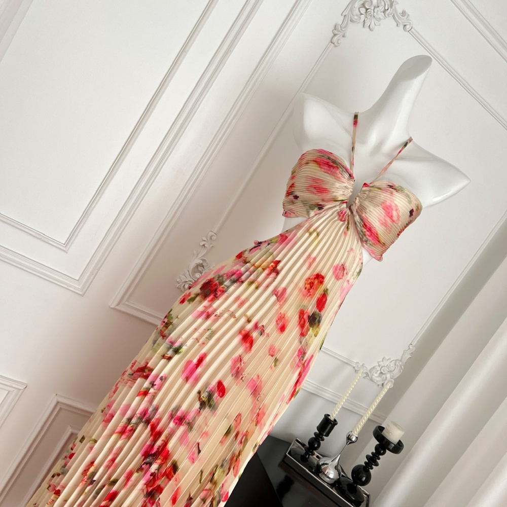 Fold vacation long dress printing halter strap dress