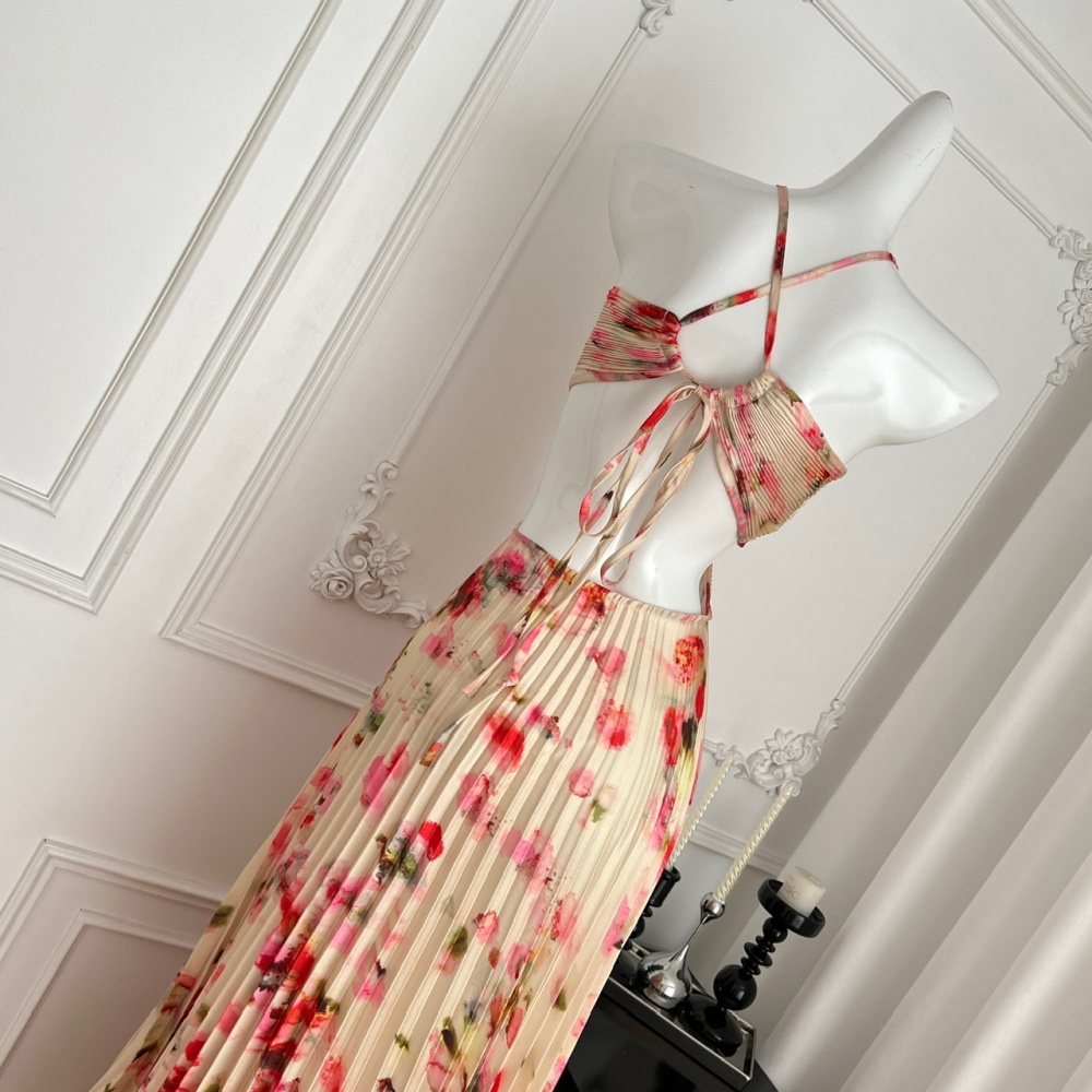 Fold vacation long dress printing halter strap dress