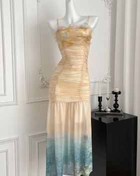 Sling printing gradient slim colors elasticity fold dress