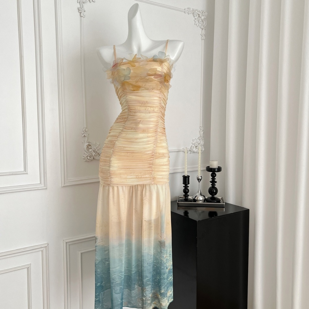 Sling printing gradient slim colors elasticity fold dress