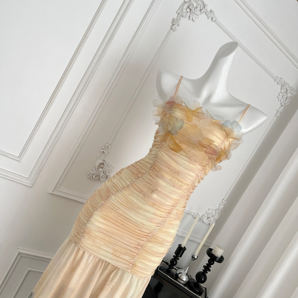 Sling printing gradient slim colors elasticity fold dress