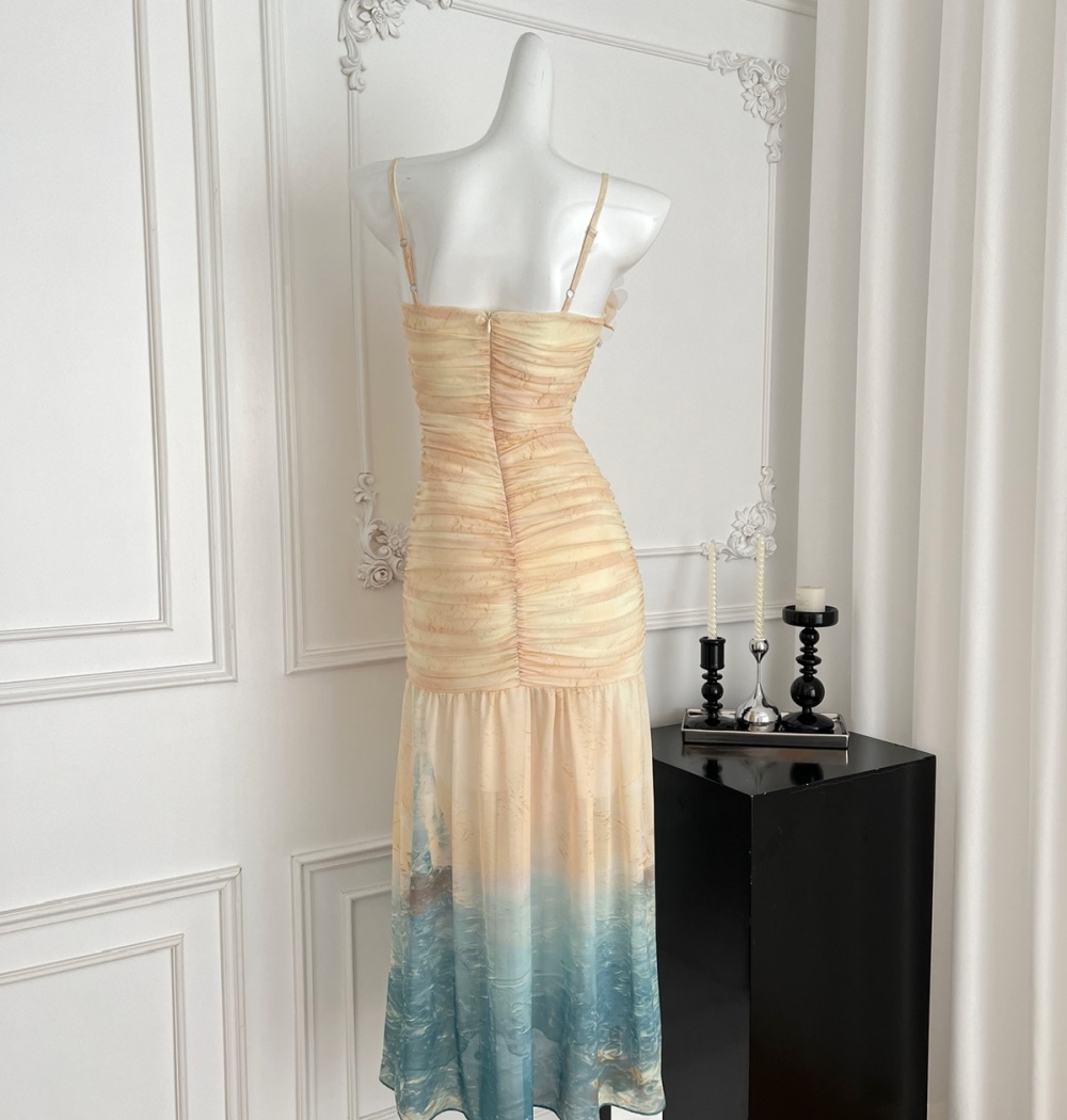 Sling printing gradient slim colors elasticity fold dress