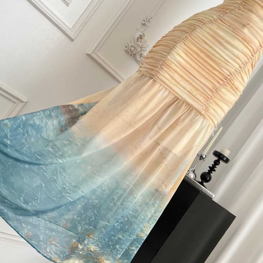 Sling printing gradient slim colors elasticity fold dress