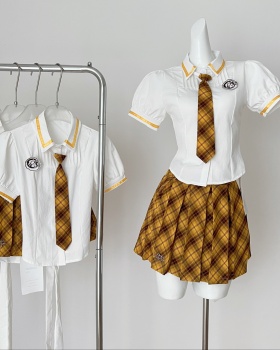 Pleated tops short sleeve collar short skirt a set for women
