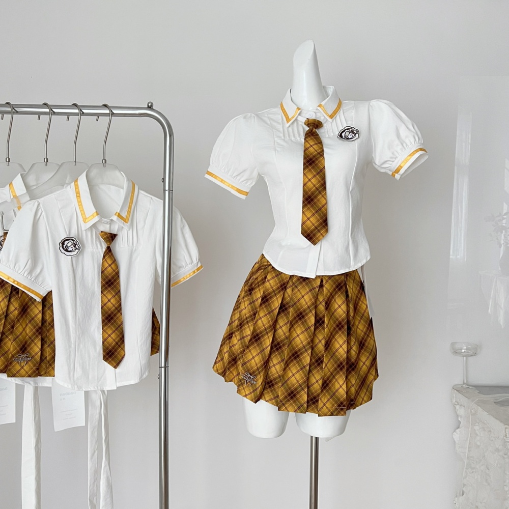 Pleated tops short sleeve collar short skirt a set for women