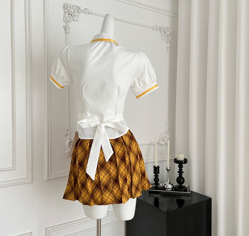 Pleated tops short sleeve collar short skirt a set for women
