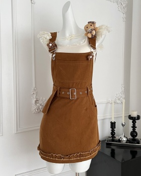 Sweet style apricot vest Casual sweetheart bib pants a set