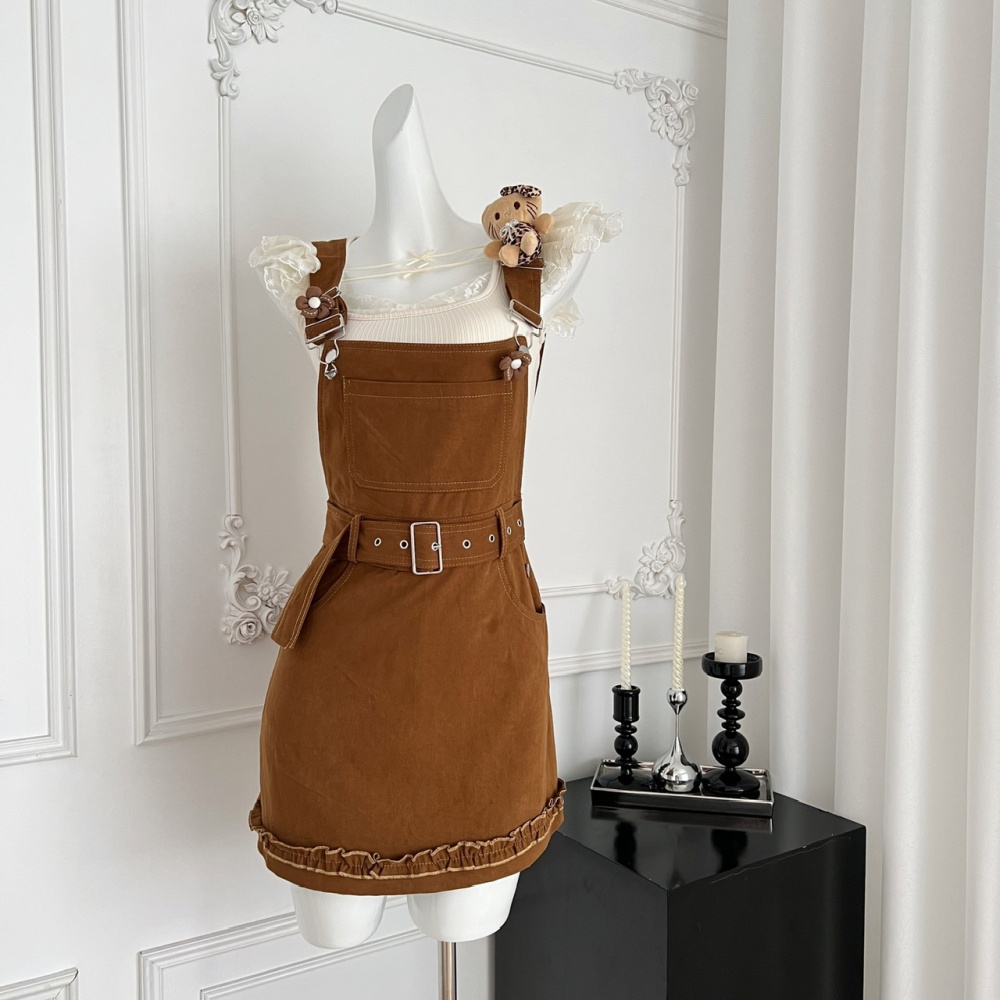 Sweet style apricot vest Casual sweetheart bib pants a set