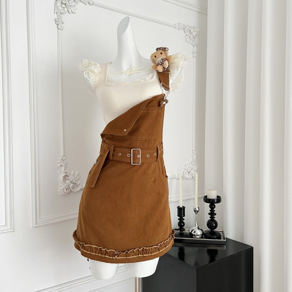 Sweet style apricot vest Casual sweetheart bib pants a set