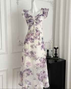 Sexy purple retro summer printing dress for women