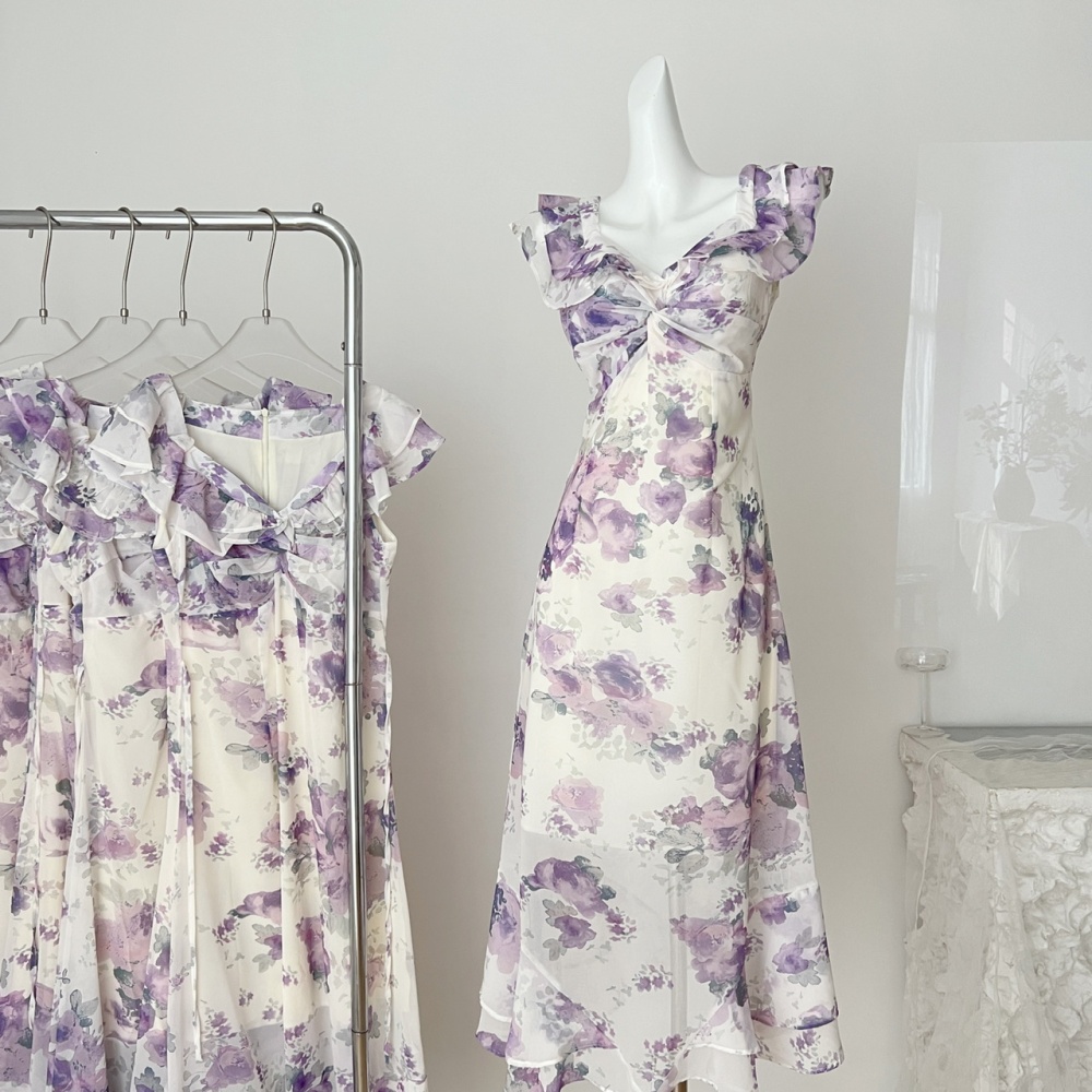 Sexy purple retro summer printing dress for women